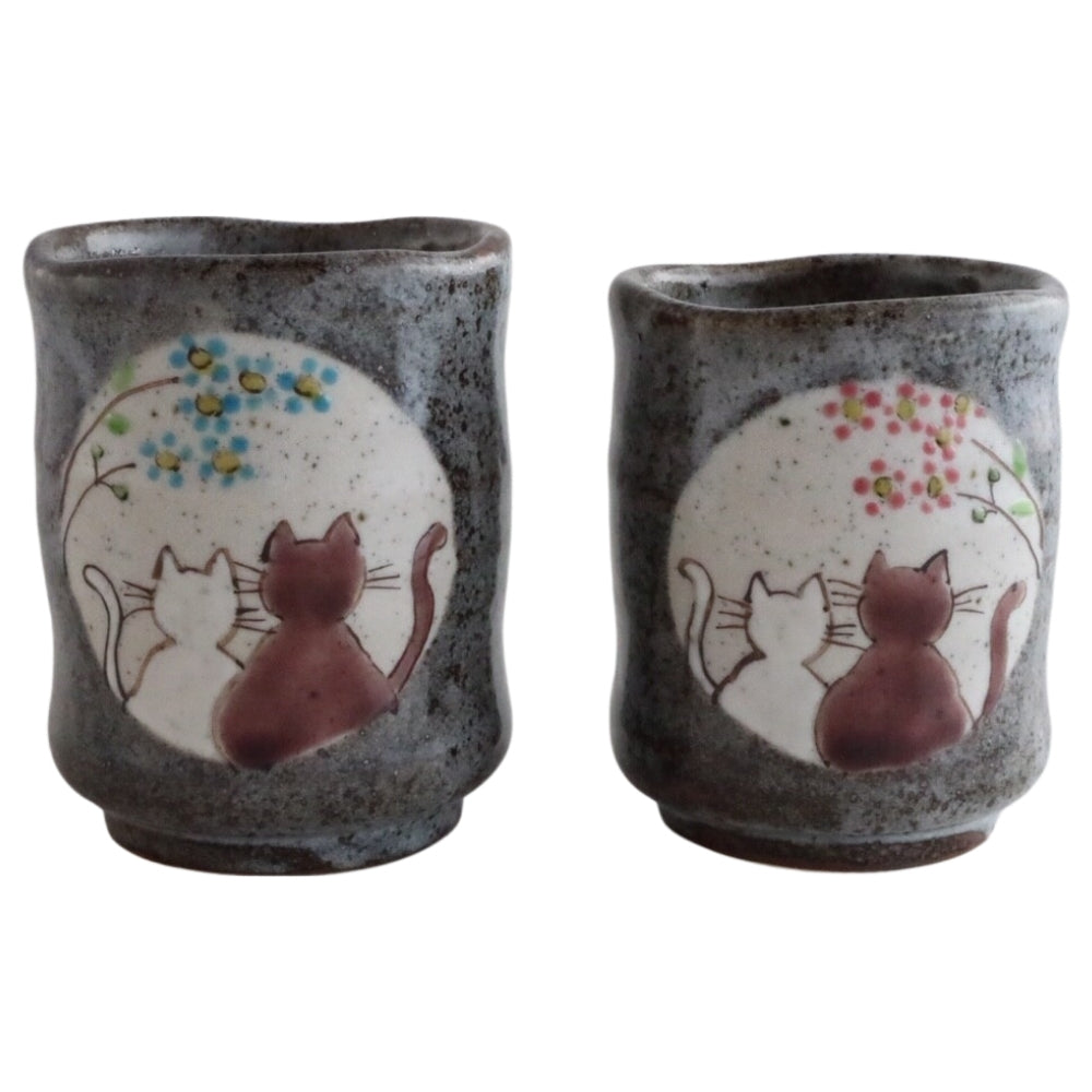 Kutani Ware Sunny Day Cat Set of Two Japanese Yunomi Style Ceramic Teacups