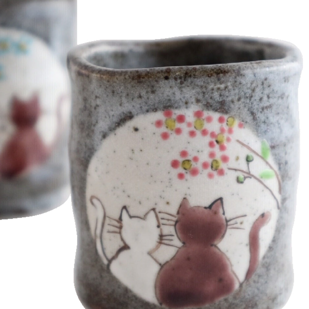 Kutani Ware Sunny Day Cat Set of Two Japanese Yunomi Style Ceramic Teacups
