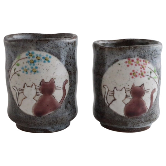 Kutani Ware Sunny Day Cat Set of Two Japanese Yunomi Style Ceramic Teacups